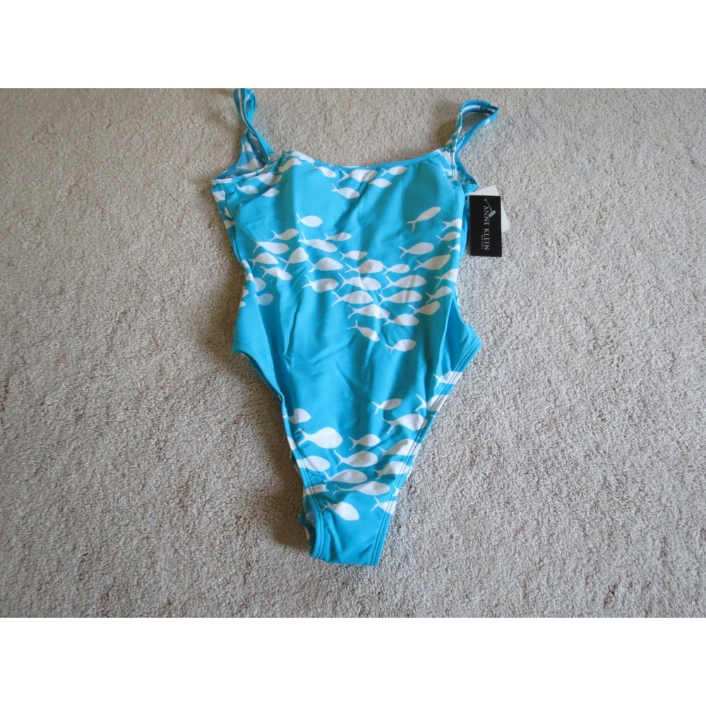 Anne Klein Blue Fish Print One Piece Swimsuit Size 12 Large